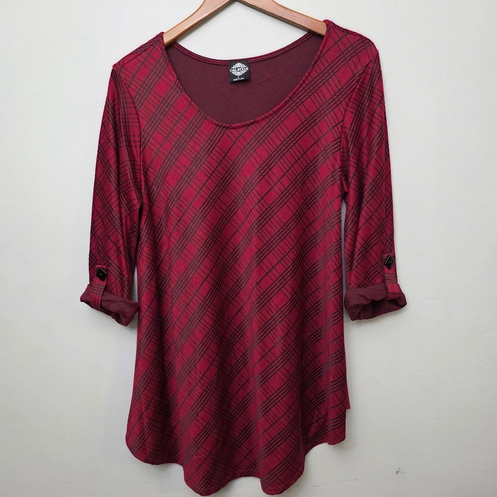 Cal Style Tunic Top Women Large Burgundy Red Plaid 3/4 Sleeve Casual Holiday